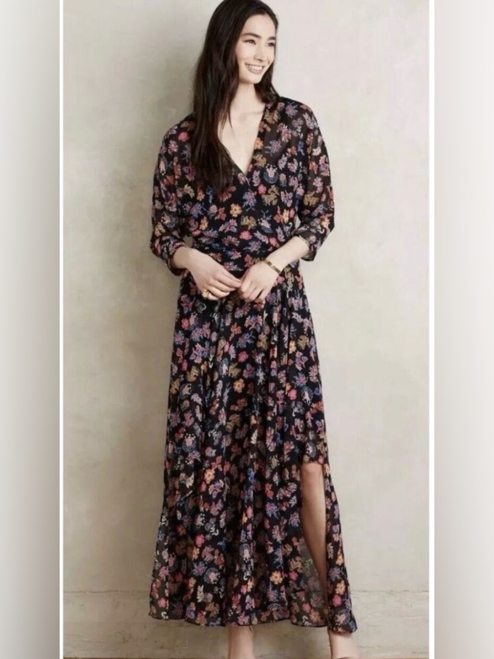 Anthropologie HD in Paris Black Floral High-Low Chiffon Sheer Maxi Dress Size 0
